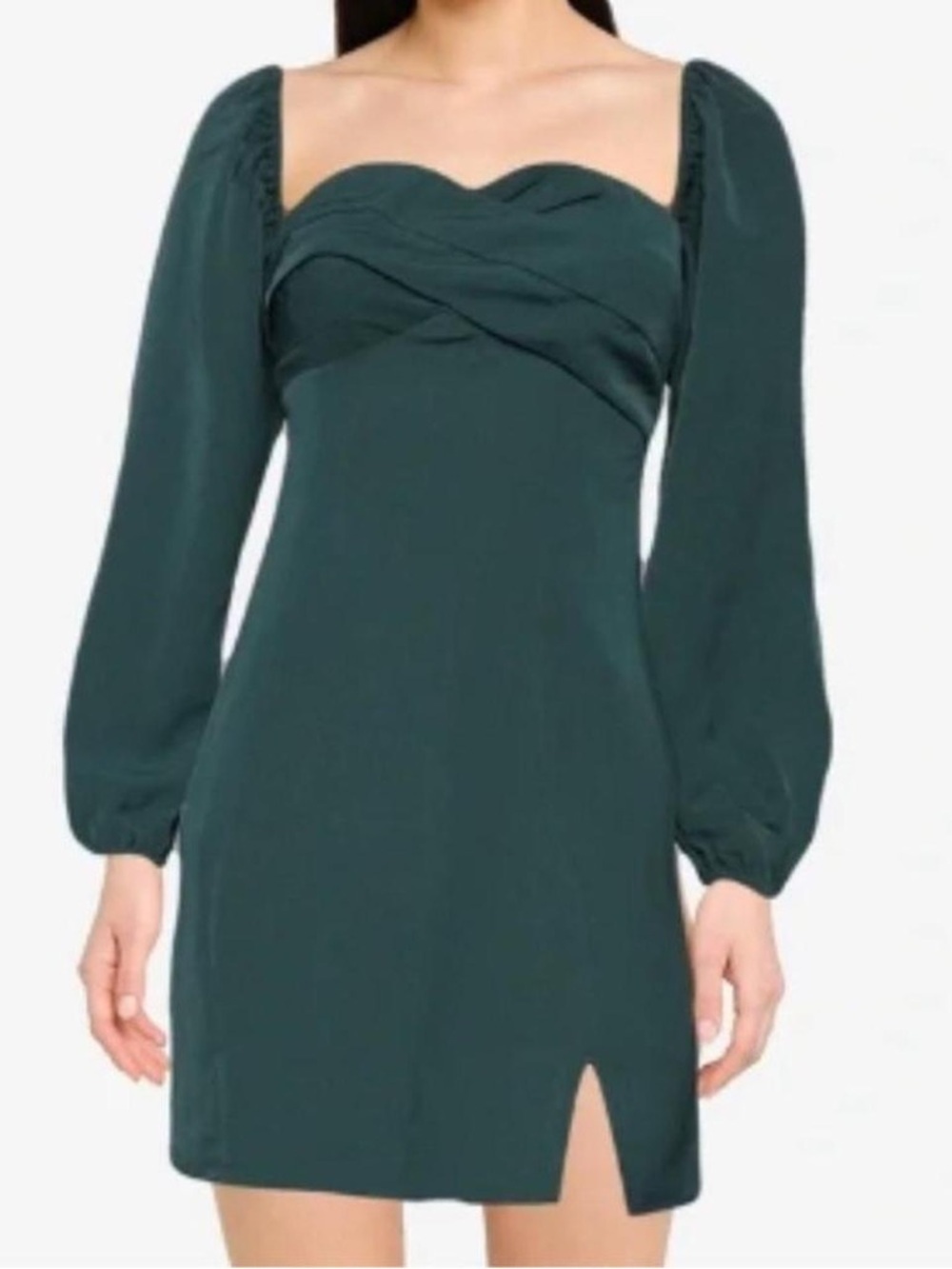 Abercrombie Draped Bodice Puff Long Sleeve Side Slit Mini Dress large Green date